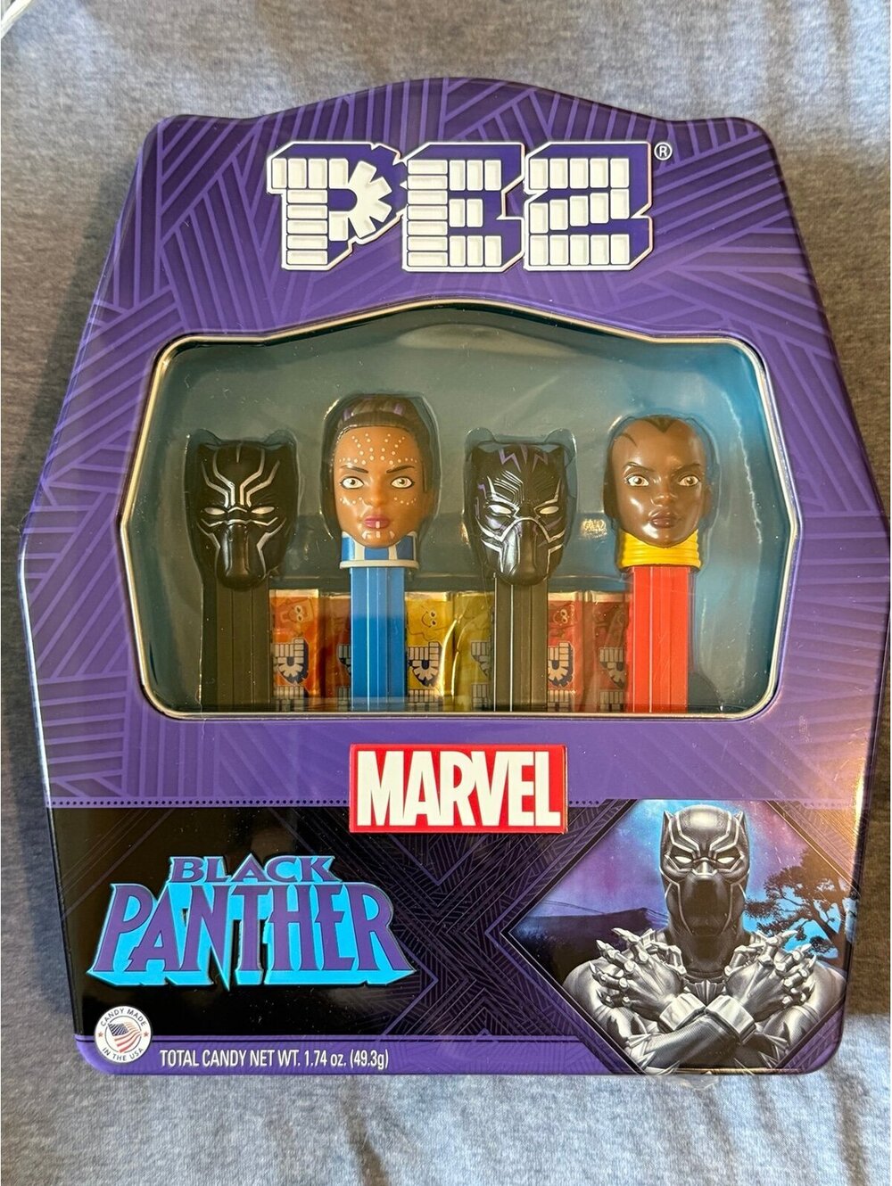 Unopened, brand-new factory sealed Marvel Black Panther PEZ Collector's Gift Tin